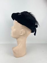 Load image into Gallery viewer, Original 1930's Soft Black Cotton Velvet Hat with Black Feather Trim*