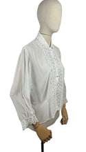 Load image into Gallery viewer, Vintage 1970's 1980's White Chiffon Blouse with Lace Bodice and Cuff Trim - Bust 38 40