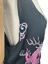 Load image into Gallery viewer, Original 1920's Black Pure Silk Top with Vibrant Silk Embroidery of Chinese Dragons in Pink and Blue - Bust 36 *