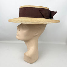 Load image into Gallery viewer, Original 1940’s Natural Straw Hat with Wide Brown Grosgrain Trim and Bow - Perfect Summer Hat