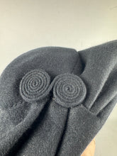 Load image into Gallery viewer, Original 1930's Inky Black Felt Hat with Coiled Felt Trim