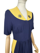 Load image into Gallery viewer, Stunning Original 1940's Navy and Butter Yellow Colour Block Crepe Dress with Floral Embroidery - Bust 34 35 *