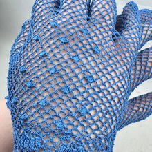 Load image into Gallery viewer, Original 1940's 1950's Bright Blue Cotton Crochet Gloves with Pretty Detailing - Size 6