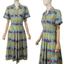 Load image into Gallery viewer, Fabulous Original Late 1940's or Early 1950's Vibrant Floral Stripe Cotton Belted Day Dress - Bust 38 40