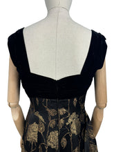 Load image into Gallery viewer, Original 1950's Elizabeth Henry of London Black and Metallic Gold Wiggle Cocktail Dress with Back Drapes - Bust 36