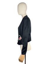 Load image into Gallery viewer, Original 1930’s Inky Black Silk Evening Jacket with Pink and Green Floral Embroidery - Bust 34 35