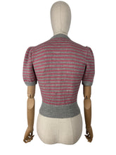 Load image into Gallery viewer, Reproduction 1940’s Hand Knitted Fair Isle Striped Jumper in Silver and Slate Rose Pink - Bust 34 36 *