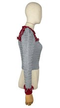 Load image into Gallery viewer, 1940s Reproduction Long Sleeved Jumper in Cherry Red and Light Grey with Frill Trim - Bust 34 36