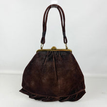 Load image into Gallery viewer, Original 1930's Dark Brown Suede Handbag with Ruffled Leather Trim