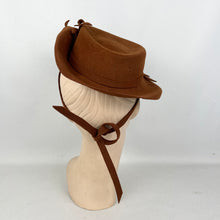 Load image into Gallery viewer, Original 1940's Rust Felt Tilt Topper Hat Trimmed with Large Felt Leaves and with a Neat Tie Back *