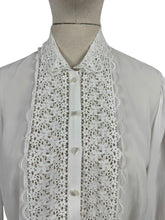 Load image into Gallery viewer, Vintage 1970's 1980's White Chiffon Blouse with Lace Bodice and Cuff Trim - Bust 38 40