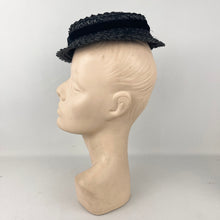 Load image into Gallery viewer, Original 1940’s Black Straw Tilt Topper Hat with Pretty Floral Trim