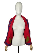 Load image into Gallery viewer, Original 1950's Red Felt Jacket Embroidered with Leaves in Blue and White - Bust 34 36