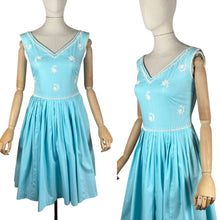 Load image into Gallery viewer, Original 1950's Turquoise Blue Cotton Dress with White Soutache by Carnegie - Bust 32 33 *
