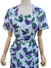 Load image into Gallery viewer, Original 1940’s 1950’s Belted Rose Print Cotton Day Dress in Grey, Purple and Green - Bust 40