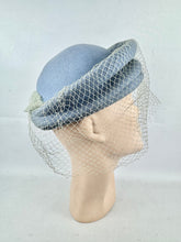 Load image into Gallery viewer, Original 1940's Pale Blue Felt Hat with Pleated Brim and Fine Net Trim *