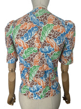 Load image into Gallery viewer, 1940's Reproduction Novelty Print Blouse with Skeins of Wool in Orange, Blue and Green on a Brown and White Base Made From an Original 1940's Feed Sack - Bust 32 34