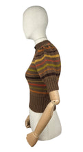 Load image into Gallery viewer, Reproduction 1930's Brown Hand Knitted Alpaca Wool Stripe Jumper with Puff Sleeves and Double Button Fastening - Bust 32 *