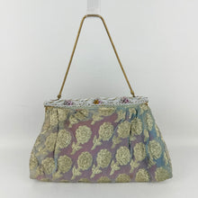 Load image into Gallery viewer, Original 1950's Gold Chiffon Bag with Beautiful Pink and White Beaded Frame and Clasp
