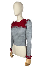 Load image into Gallery viewer, 1940s Reproduction Long Sleeved Jumper in Cherry Red and Light Grey with Frill Trim - Bust 34 36