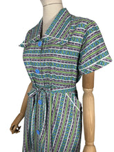 Load image into Gallery viewer, Original 1950's Australian Made Bright Floral Stripe Cotton Belted Day Dress in Green, Blue, Pink, Black and White - Bust 38 40 *