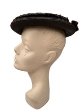 Load image into Gallery viewer, Original 1940's Dark Brown Lacquered Straw Hat with Wide Velvet Bow Trim