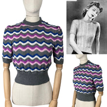 Load image into Gallery viewer, Reproduction 1940’s Hand Knitted Feather and Fan Striped Jumper in Grey, White, Blue and Pink - Bust 36 38