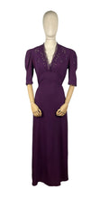 Load image into Gallery viewer, Original 1940's Cadbury Purple Crepe Full Length Evening Dress with Cutout Detail and Lace Trim - Bust 36 *