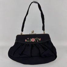 Load image into Gallery viewer, Original 1940's or 1950's Black Crepe Evening Bag with Rose Embroidery