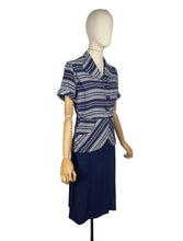 Load image into Gallery viewer, Original 1940's Navy Blue and Grey Linen Stripe Day Dress - Bust 36