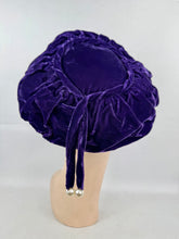 Load image into Gallery viewer, Original 1950's Cotton Velvet hat in Rich Purple with Tassel Trim