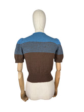 Load image into Gallery viewer, Reproduction 1940's Striped Jumper in Coffee Bean Brown and Dolphin Blue with Full Pull Sleeves - Bust 34 36