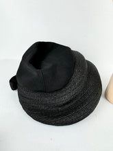 Load image into Gallery viewer, Original 1950's Inky Black Bonnet Hat in Straw and Grosgrain with Neat Bow Trim