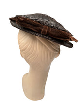 Load image into Gallery viewer, Original 1940's Dark Brown Lacquered Straw Hat with Wide Velvet Bow Trim