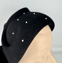 Load image into Gallery viewer, Original 1950's Inky Black Felt Hat with Faux Pearl Beads and Side Bow *