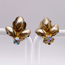 Load image into Gallery viewer, Vintage Flower Clip on Earrings with Trio of Gold Pearl Petals and Aurora Borealis Paste