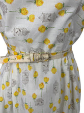 Load image into Gallery viewer, Original 1950's Yellow, Green and Brown Novelty Print Sleeveless Belted Day Dress with Roses, Birds and Birdcage Print - Bust 38 *