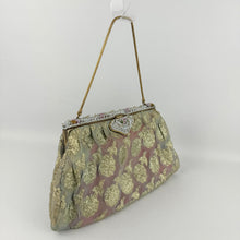 Load image into Gallery viewer, Original 1950's Gold Chiffon Bag with Beautiful Pink and White Beaded Frame and Clasp