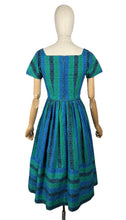 Load image into Gallery viewer, Original 1950's Teena Paige Black, Blue and Green Stripe Cotton Day Dress with Velvet Bow Trim - Bust 34 *