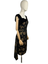 Load image into Gallery viewer, Original 1950's Elizabeth Henry of London Black and Metallic Gold Wiggle Cocktail Dress with Back Drapes - Bust 36
