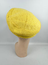 Load image into Gallery viewer, Original 1950's 1960's Bright Yellow Textured Fabric Hat with Button and Grosgrain Trim by Finley New York