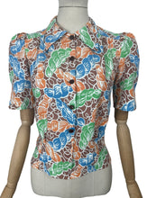 Load image into Gallery viewer, 1940's Reproduction Novelty Print Blouse with Skeins of Wool in Orange, Blue and Green on a Brown and White Base Made From an Original 1940's Feed Sack - Bust 32 34