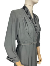 Load image into Gallery viewer, Original 1940's Grey Wool Crepe Belted Dress with Beaded Bodice and Cuff Detail - Bust 38 *