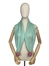 Load image into Gallery viewer, Original 1940's Hand Knitted Wool Scarf with Pretty Pom-pom Trim in Green & Pink