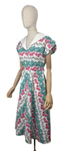 Load image into Gallery viewer, Original 1950's Vibrant Cotton Dress in White, Blue, Black and Pink Cherry Print - Bust 34 35 *