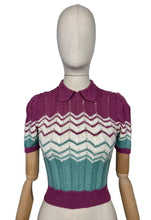 Load image into Gallery viewer, Reproduction 1940’s Hand Knitted Chevron Stripe Jumper in Sea Foam, Mauve and White - Bust 32 34 *