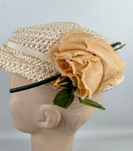 Load image into Gallery viewer, Original 1950's Cream Lacquered Raffia Hat with Pretty Apricot Rose Trim
