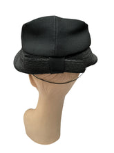 Load image into Gallery viewer, Original 1950's Inky Black Bonnet Hat in Straw and Grosgrain with Neat Bow Trim