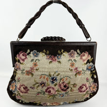 Load image into Gallery viewer, Original 1930’s 1940’s Large Wool Work Embroidered Bag with Leather Handle - Beautiful Vintage Handbag