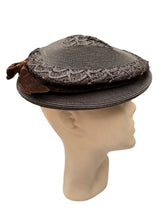 Load image into Gallery viewer, Original 1940's Dark Brown Lacquered Straw Hat with Wide Velvet Bow Trim